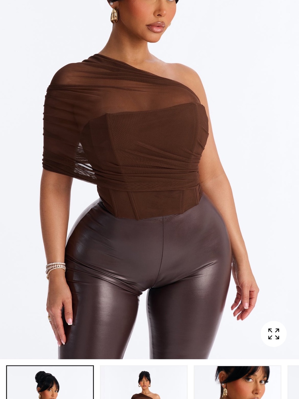 Fashion Nova Brown One-Shoulder Mesh Corset Top
